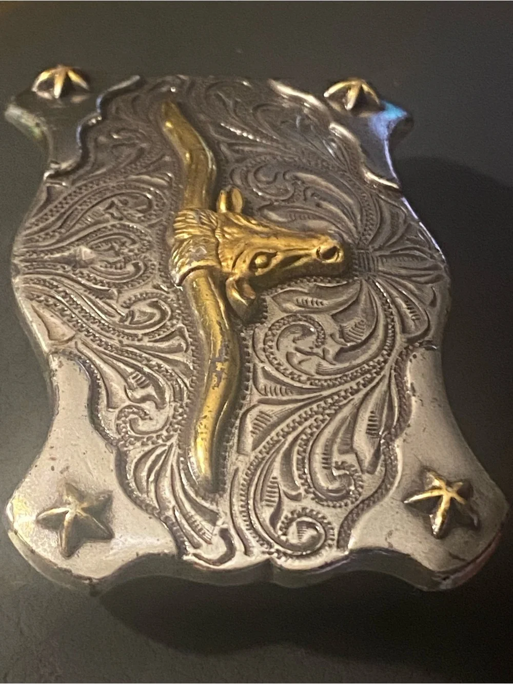 Vintage Western Style Longhorn Steer Belt Buckle Two-Tone Silver & Gold Draign